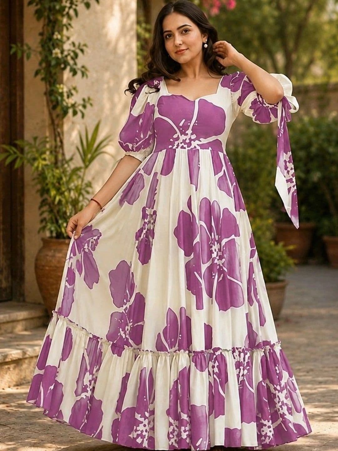 HERE&NOW Printed Pure Cotton Square Neck Gown Ethnic Dresses - view 1