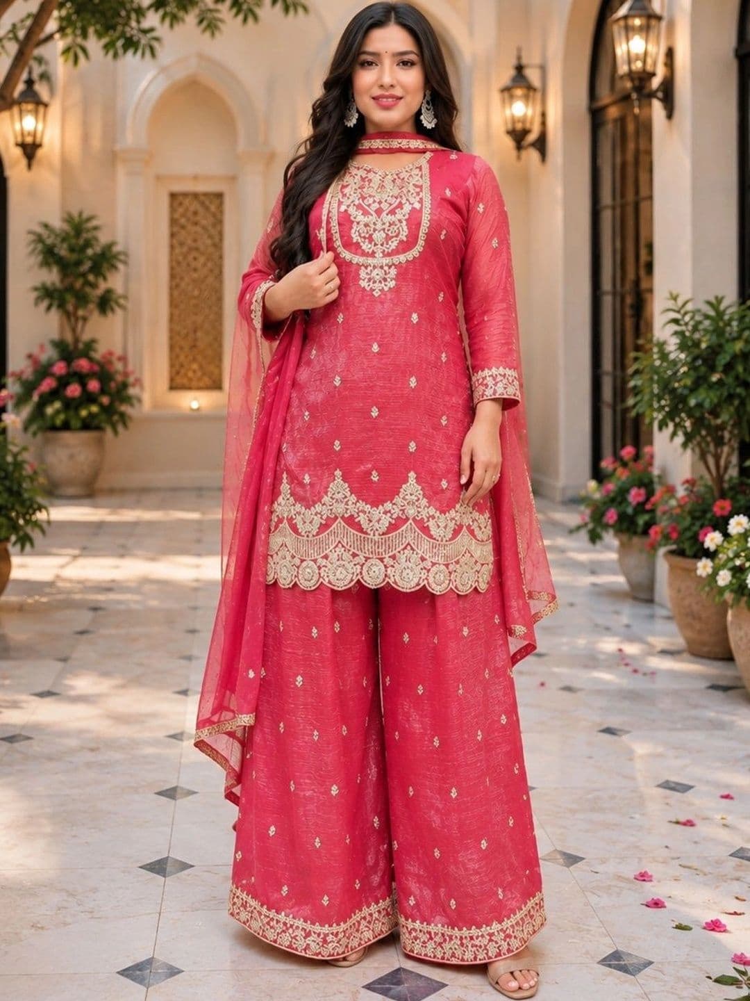 ZONFAB Women Embroidered Regular Kurta with Palazzos & With Dupatta - view 1