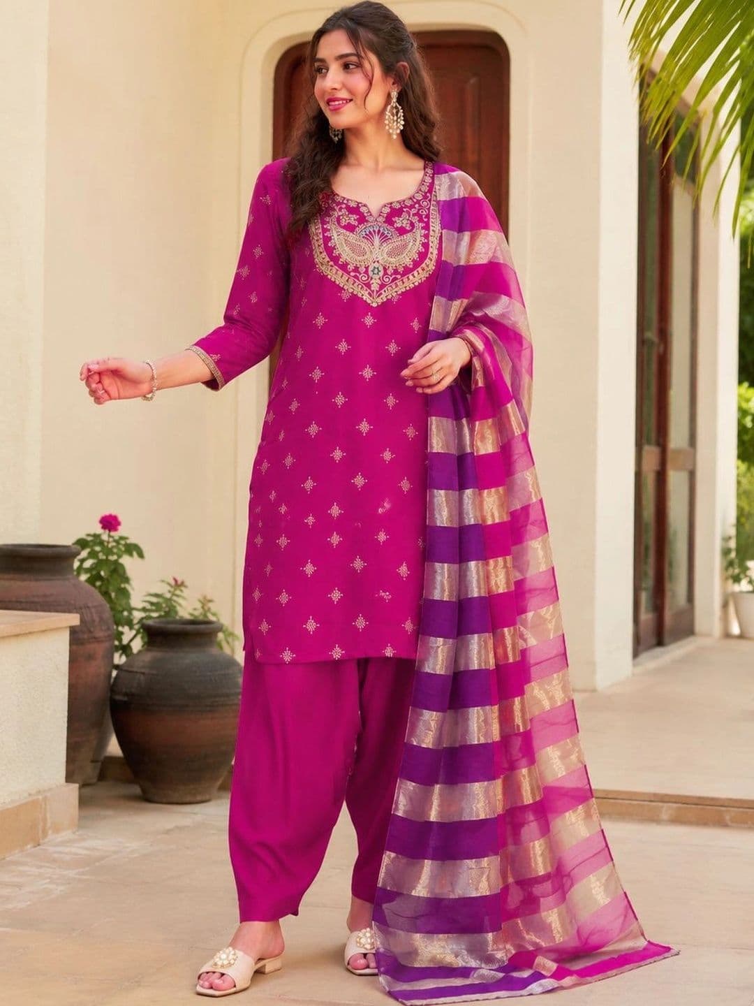 Sangria Women Ethnic Motifs Embroidered Regular Pure Silk Kurta with Salwar & With Dupatta - view 1