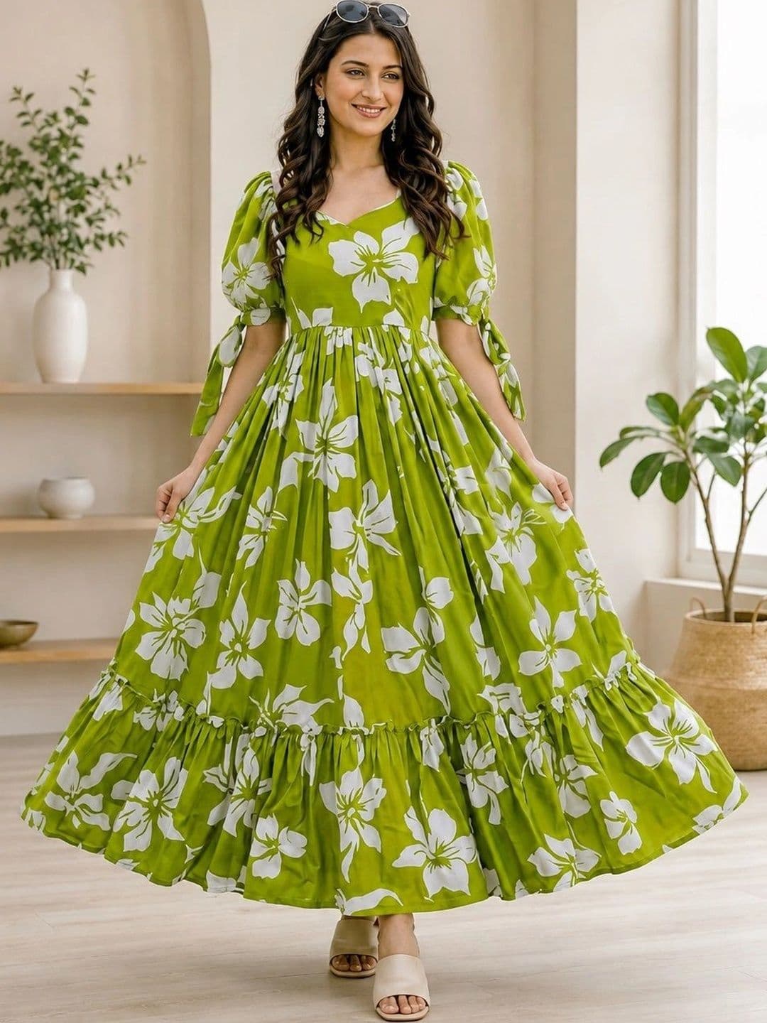 HERE&NOW Printed Pure Cotton Square Neck Gown Ethnic Dresses - view 1