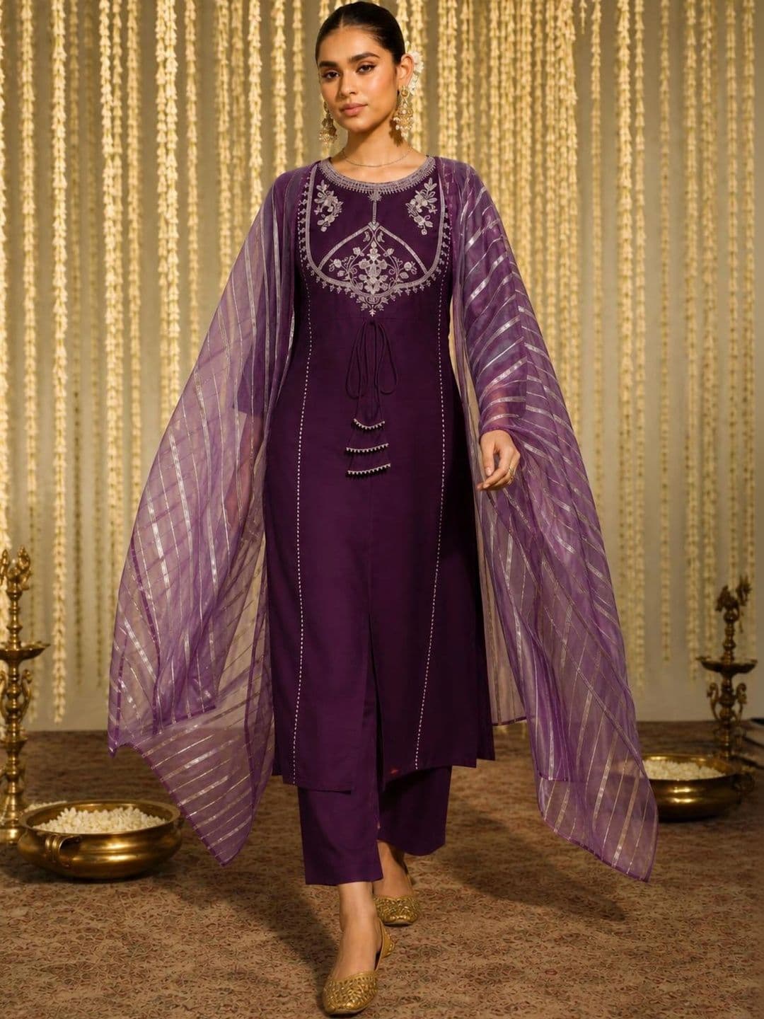 KALINI Women Embroidered Regular Kurta with Palazzos & With Dupatta - view 1