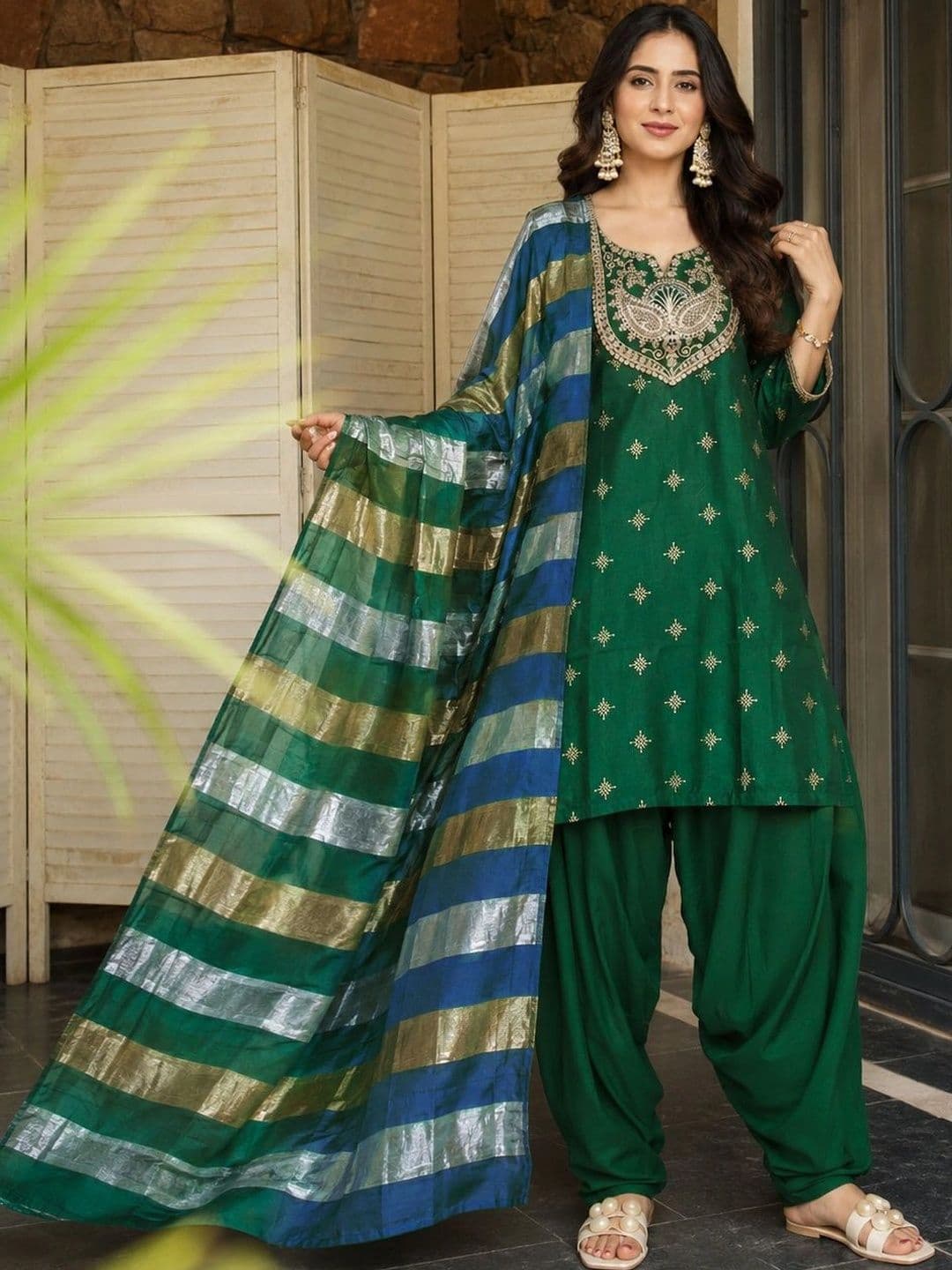 Sangria Women Ethnic Motifs Embroidered Regular Pure Silk Kurta with Salwar & With Dupatta - view 1