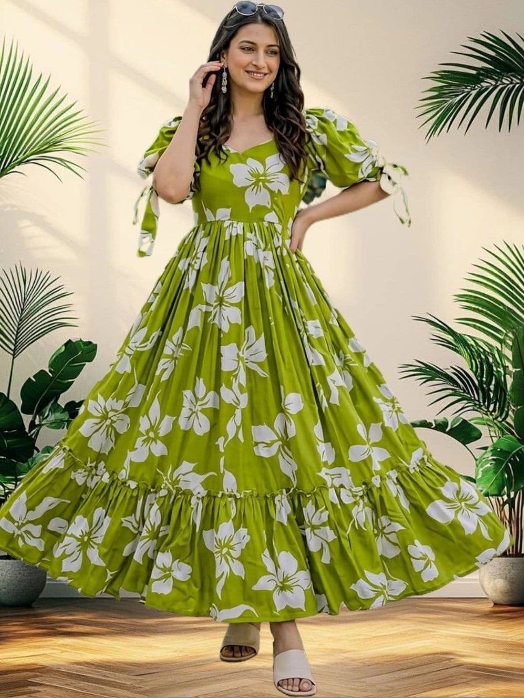 HERE&NOW Printed Pure Cotton Square Neck Gown Ethnic Dresses - view 1
