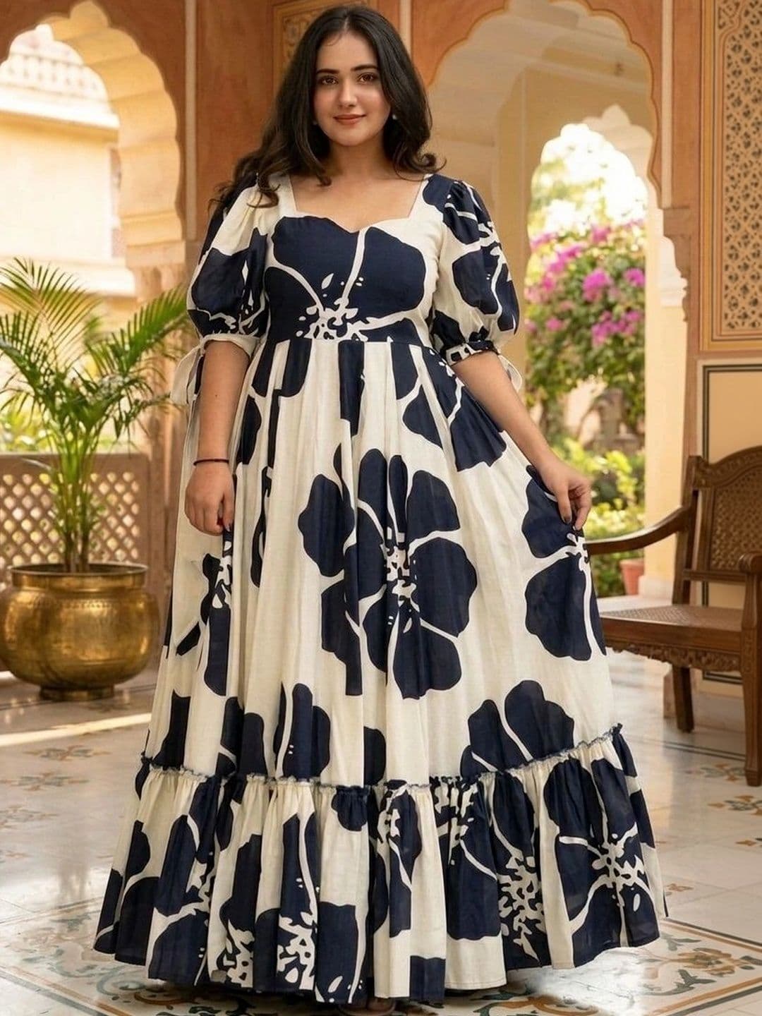 HERE&NOW Printed Pure Cotton Square Neck Gown Ethnic Dresses - view 1