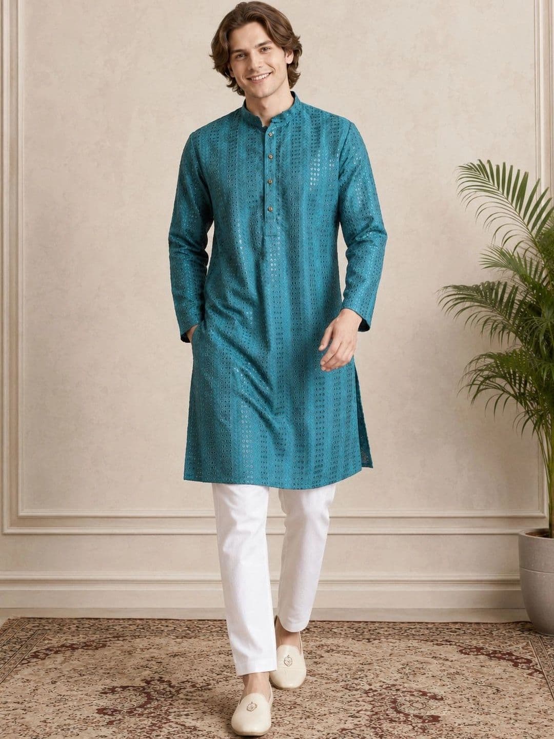 House of Pataudi Men Embroidered Sequinned Kurta - view 1