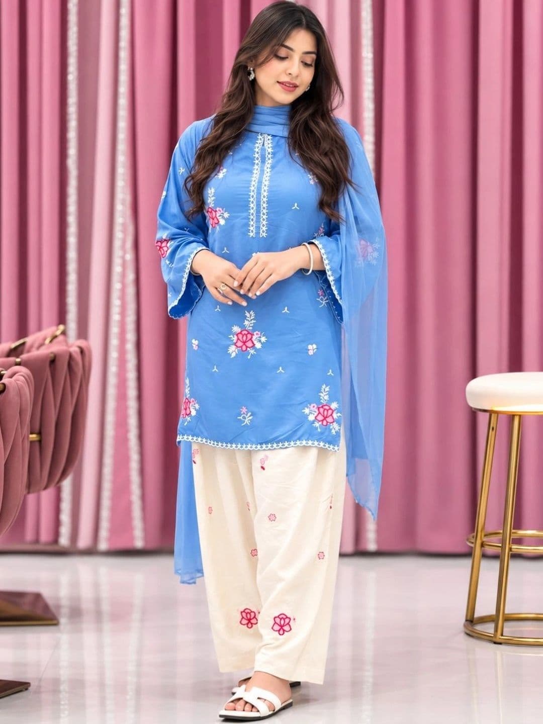 HERE&NOW Women Floral Embroidered Regular Thread Work Pure Cotton Kurta with Palazzos & With Dupatta - view 1
