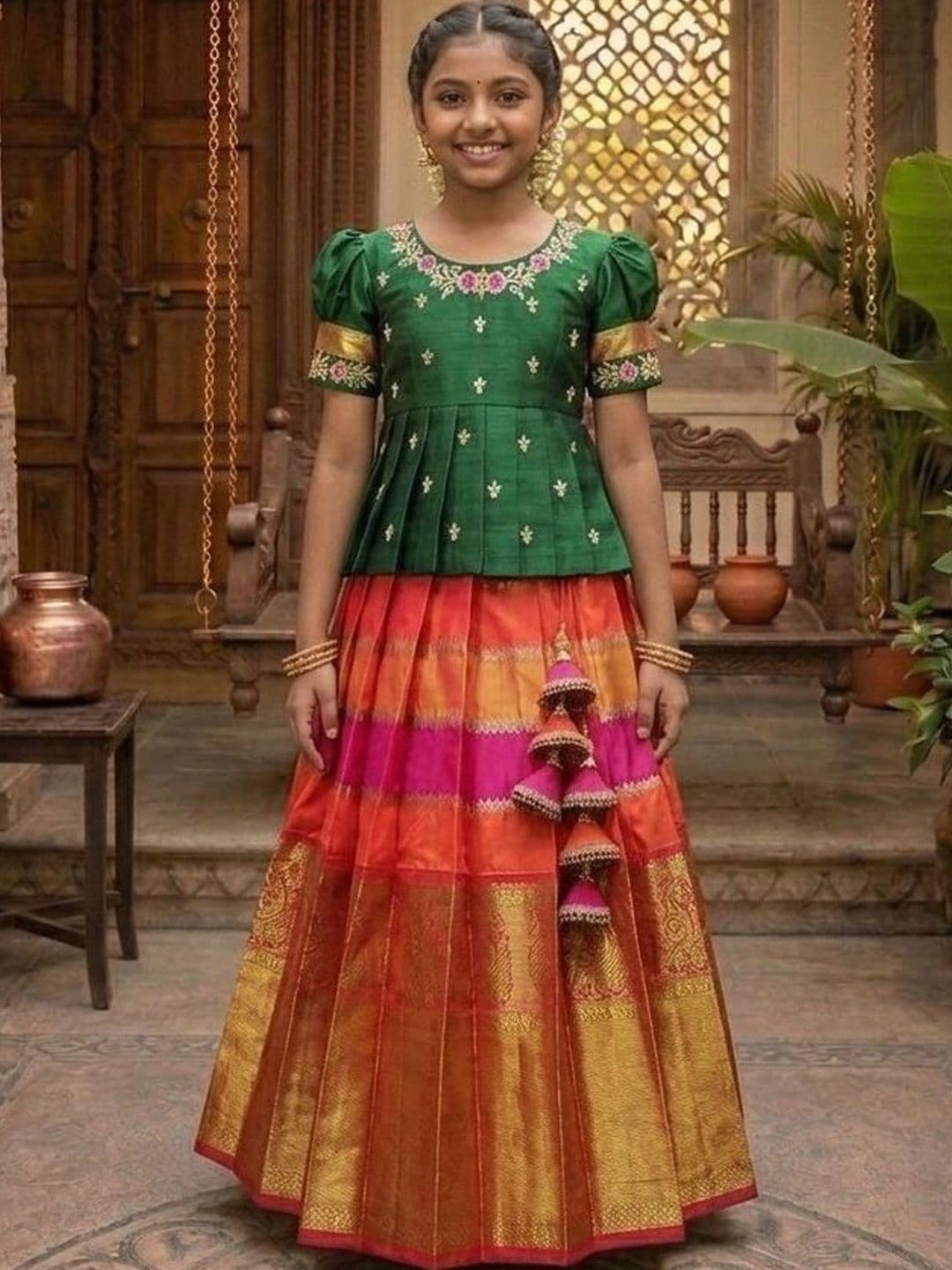 Wommaniya Impex Girls Embroidered Thread Work Ready to Wear Lehenga & - view 1