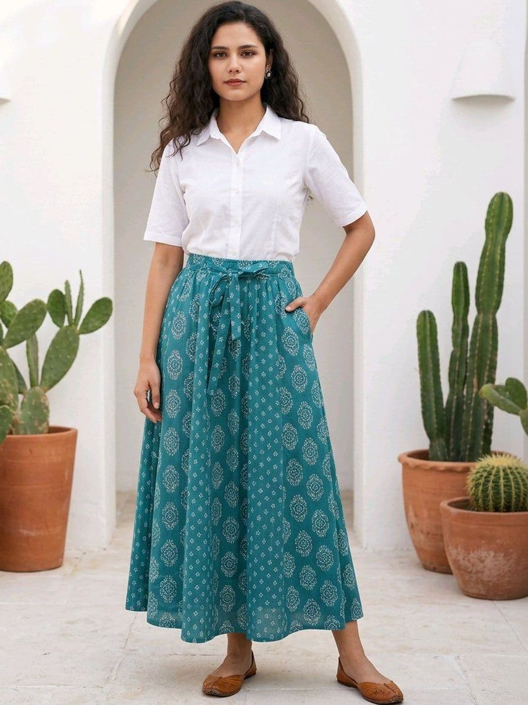 BLUE PIEGEON Women Cotton Blend Abstract Maxi Flared Skirt - view 1