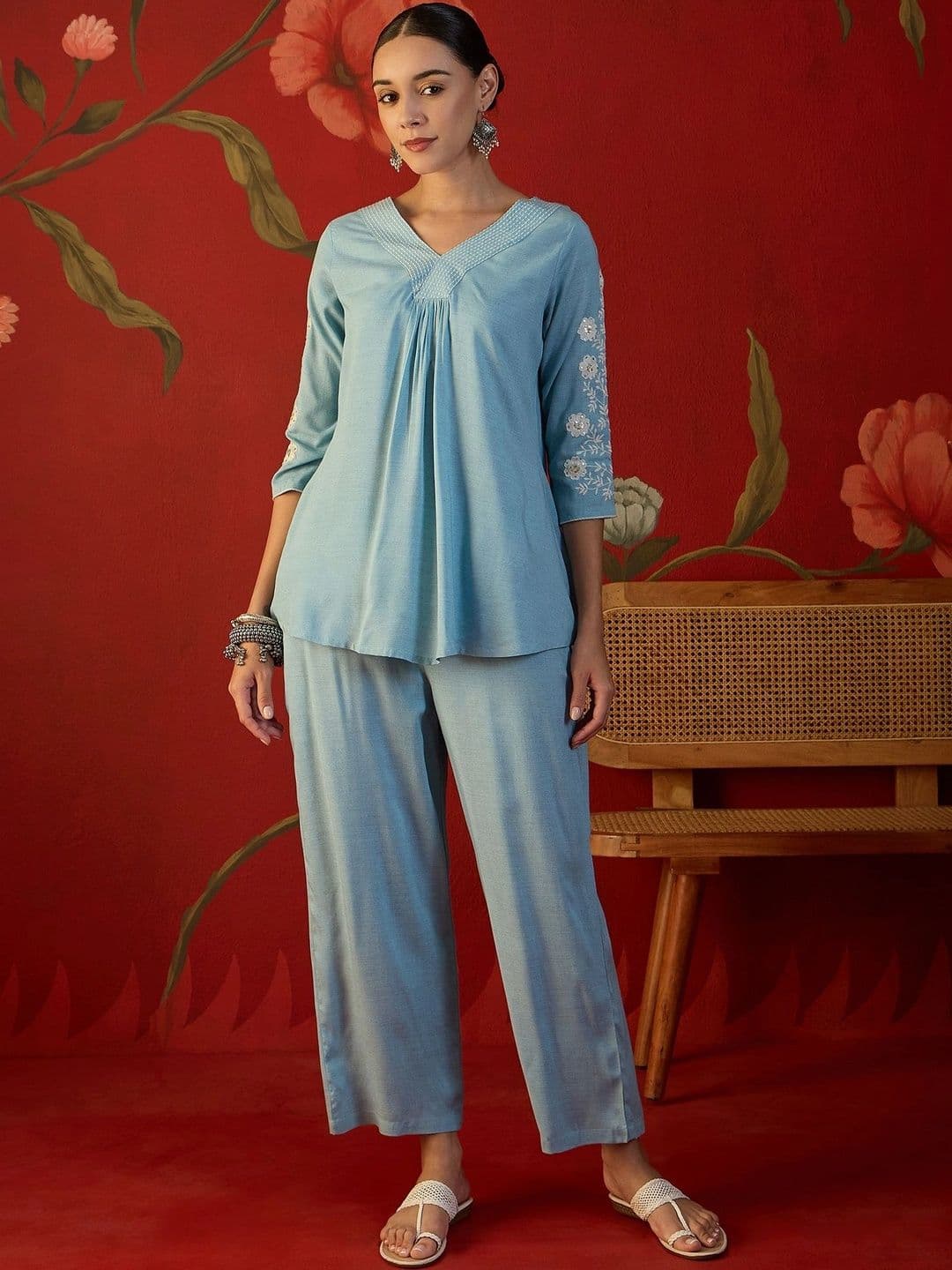 Sangria Indigo Cotton Embroidered Tunic with Trousers - view 1