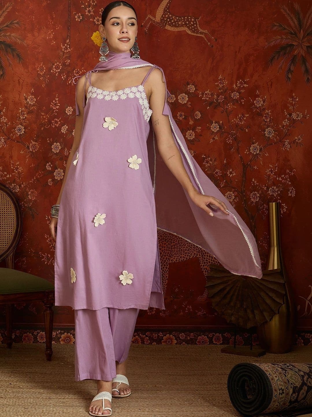 Sangria Women Floral Embroidered Regular Sequinned Pure Cotton Kurta with Trousers & With Dupatta - view 1
