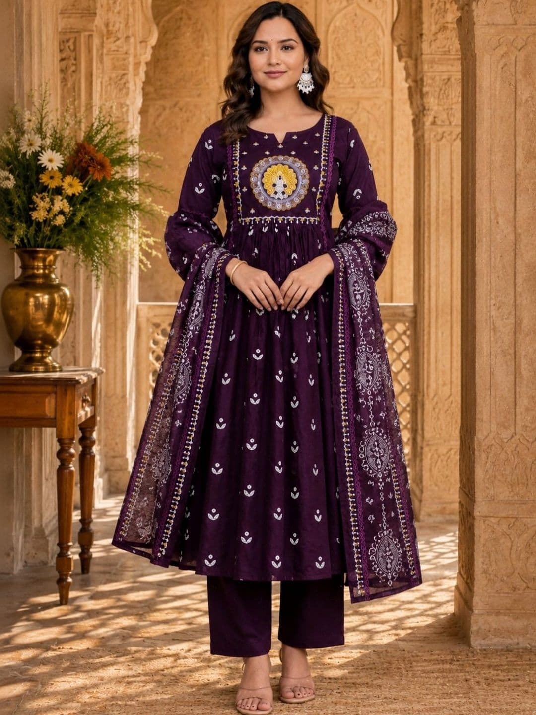 House of kad Women Floral Embroidered Regular Mirror Work Kurta with Pyjamas & With Dupatta - view 1