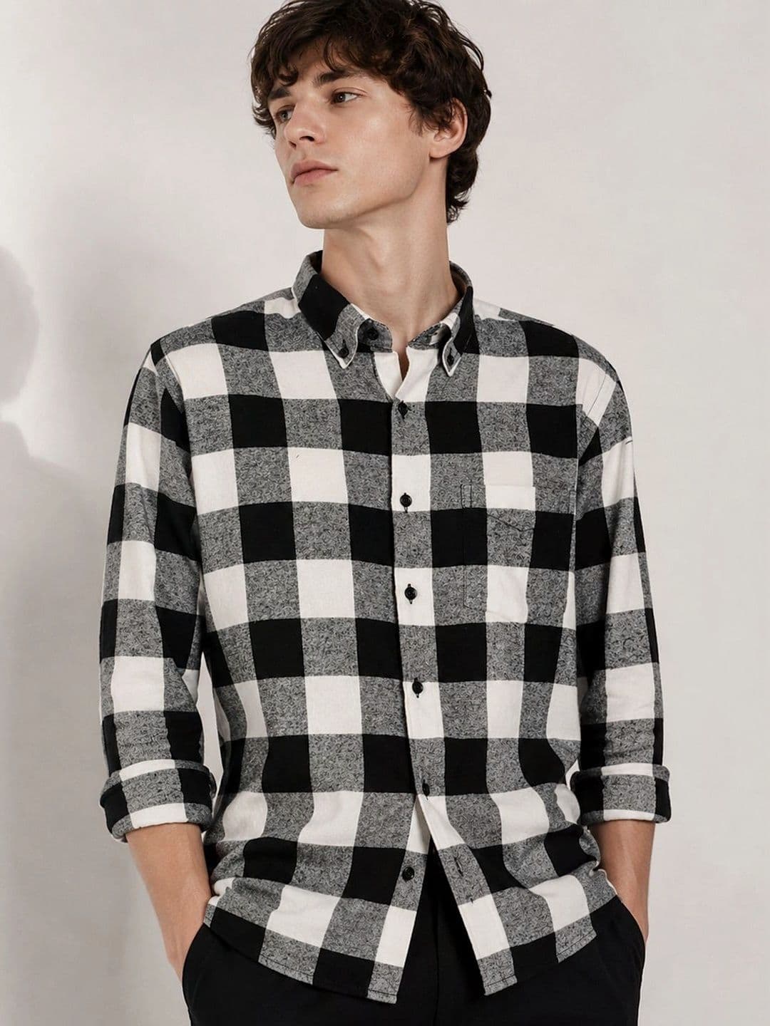 Hancock Standard Slim Fit Checked Flannel Weave Button Down Collar Pure Cotton Shirt - view 1