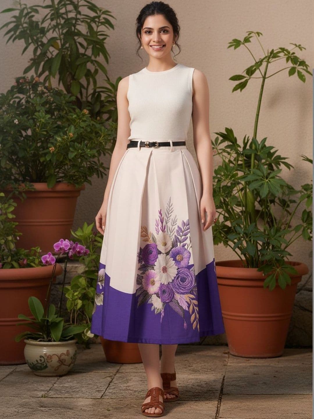 BLUE PIEGEON Floral Midi Skirt in Beige and Purple - view 1