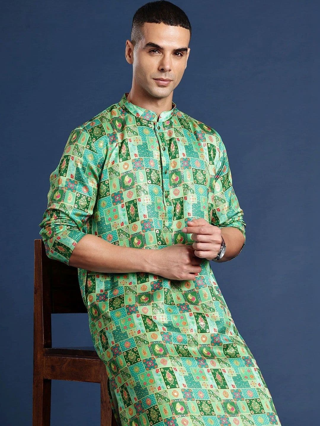 PulseIQ Men Geometric Printed Mandarin Collar Kurta - view 1