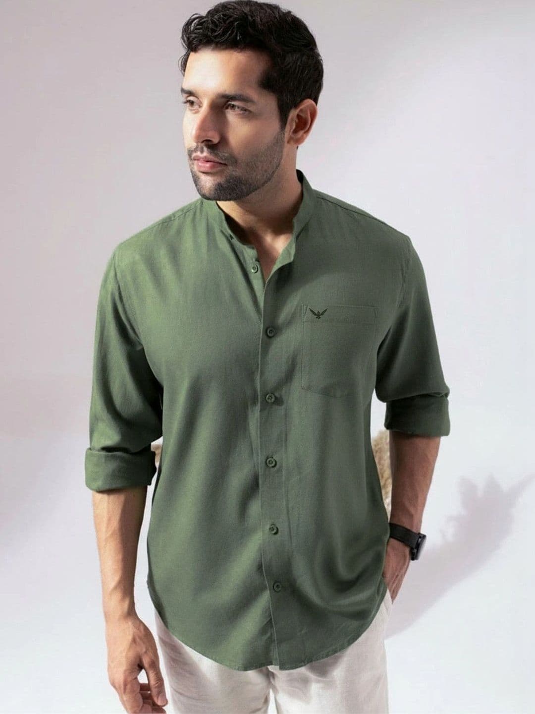 Perch Men Moss Green Linen Cotton Band Collar Shirt - view 1