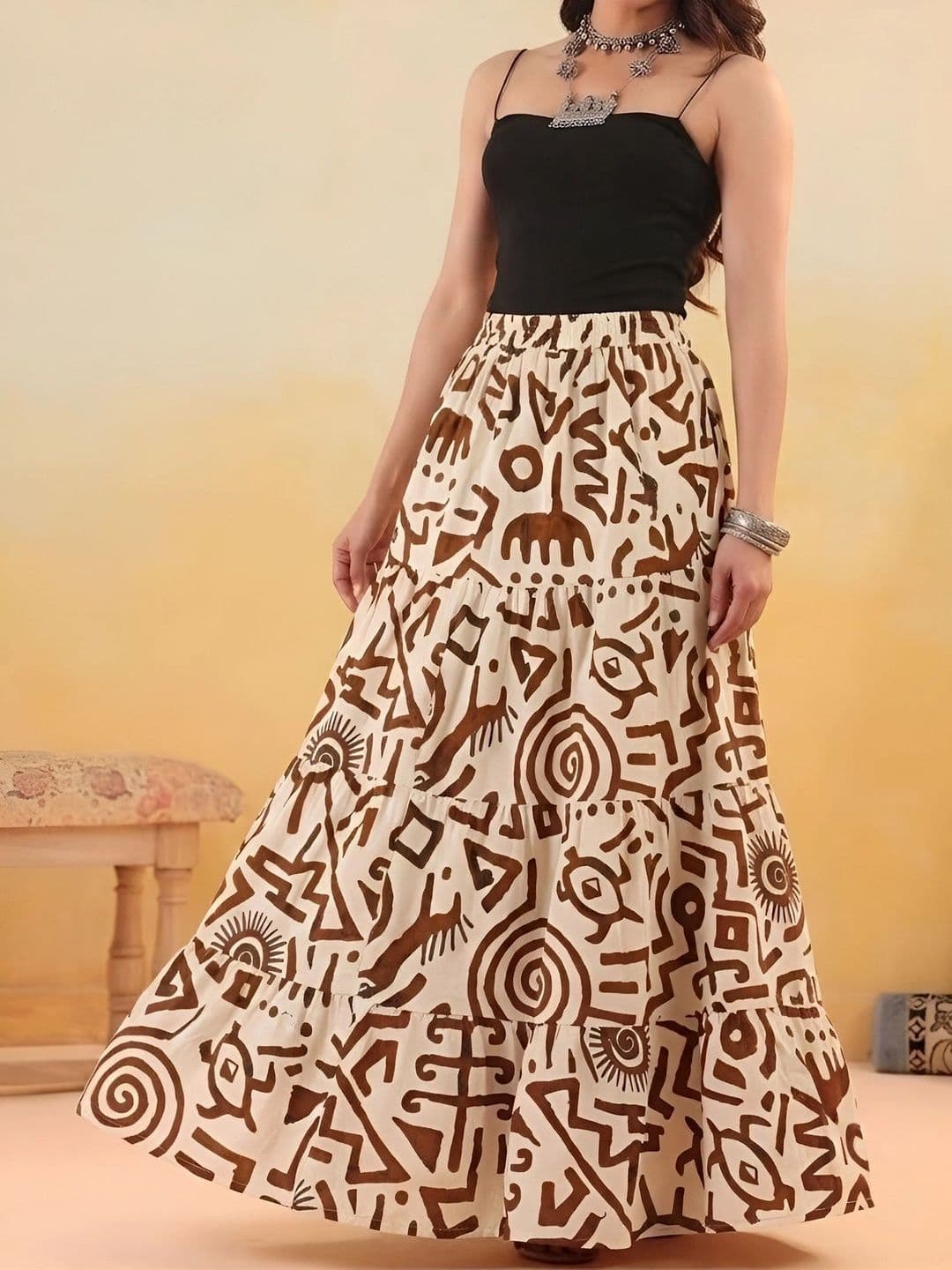 HARAYE Women Pure Cotton Cotton Cambric Abstract Tribal or Aztec Print Maxi A-Line Skirt - view 1