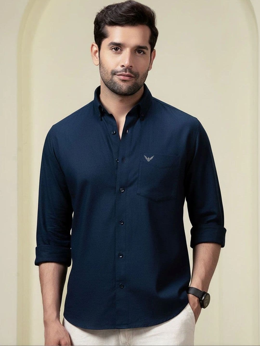Perch Men Navy Blue Linen Cotton Button Down Solid Shirt - view 1