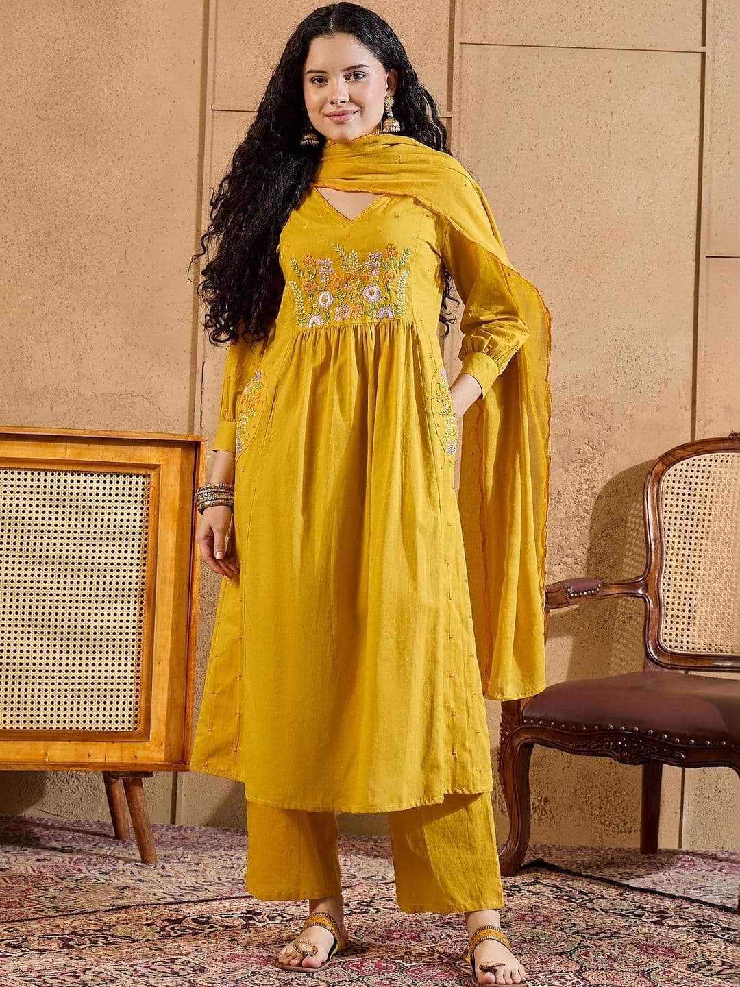 KALINI Women Floral Embroidered Empire Thread Work Pure Cotton Kurta with Trousers & With Dupatta - view 1