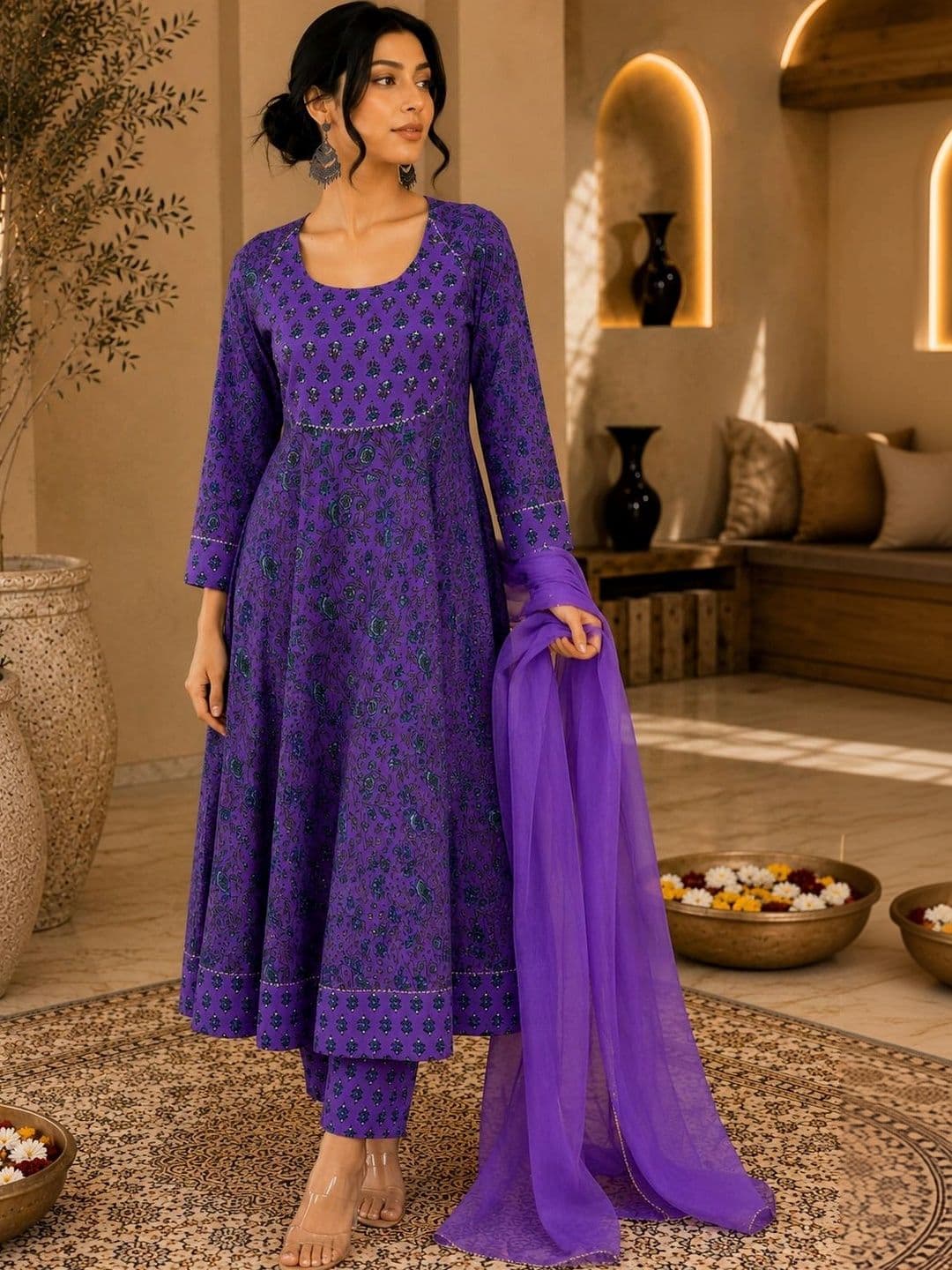 SINGNI Women Floral Printed Angrakha Mirror Work Kurta with Trousers & With Dupatta - view 1