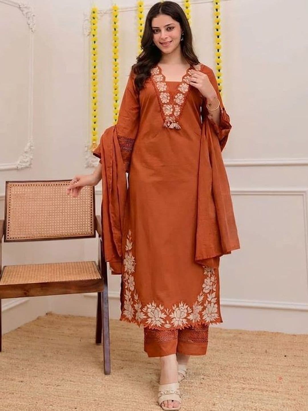 MYRIE Ethnic Motifs Yoke Design Regular Thread Work Kurta with Trousers & With Dupatta - view 1