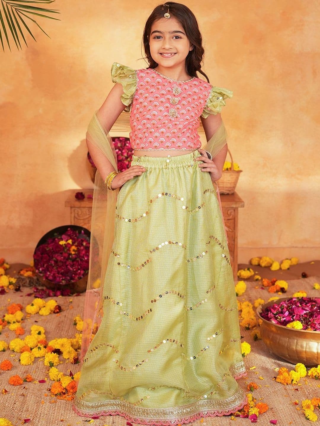 Pspeaches Girls Pink And Pista Cotton Lehenga Choli Dupatta Set - view 1