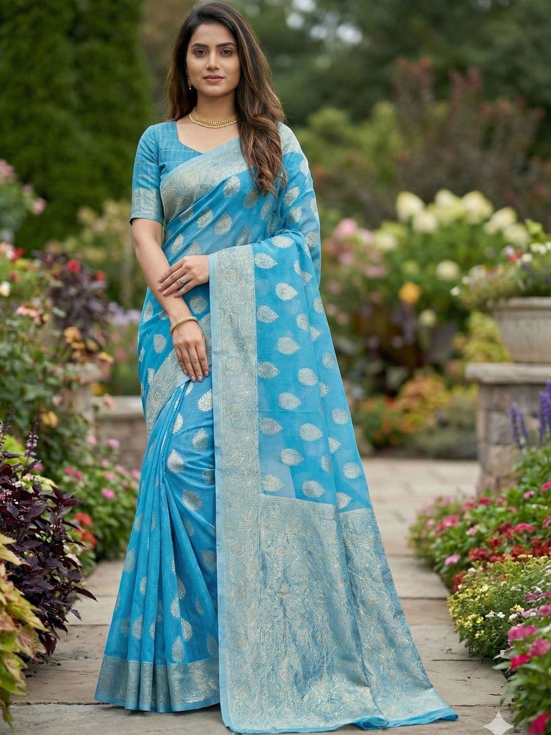 HERE&NOW Ethnic Motifs Zari Pure Cotton Handloom Banarasi Saree - view 1