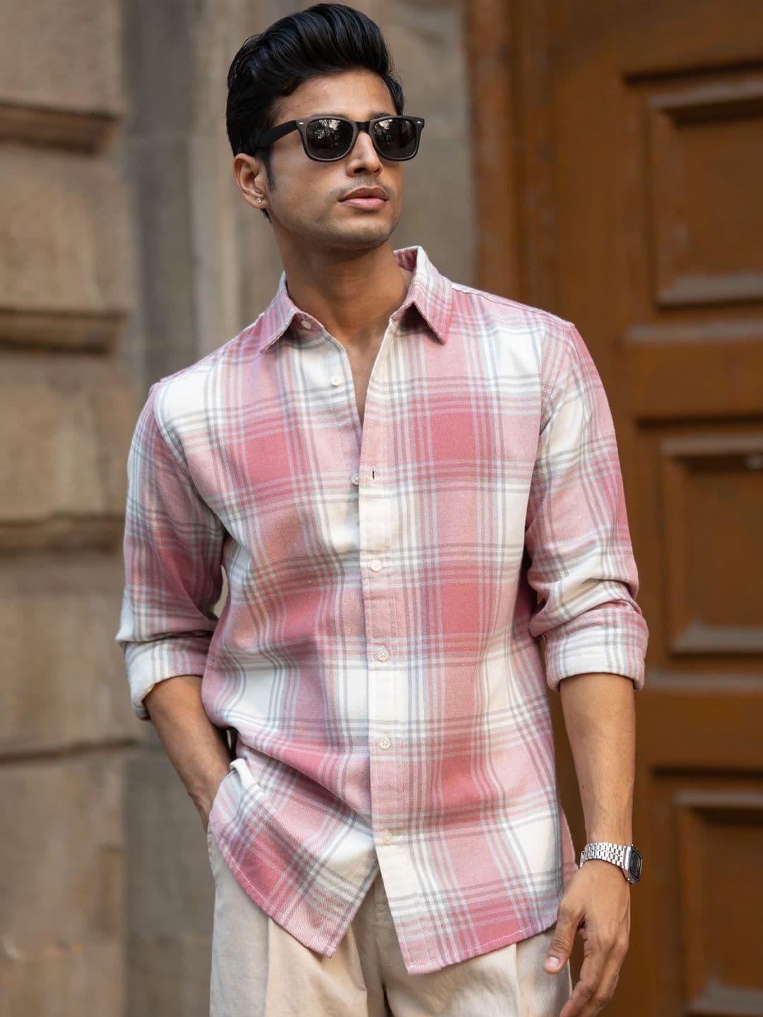 Powerlook Dusty Rose Tartan Checks Cotton Long Sleeves Shirt - view 1