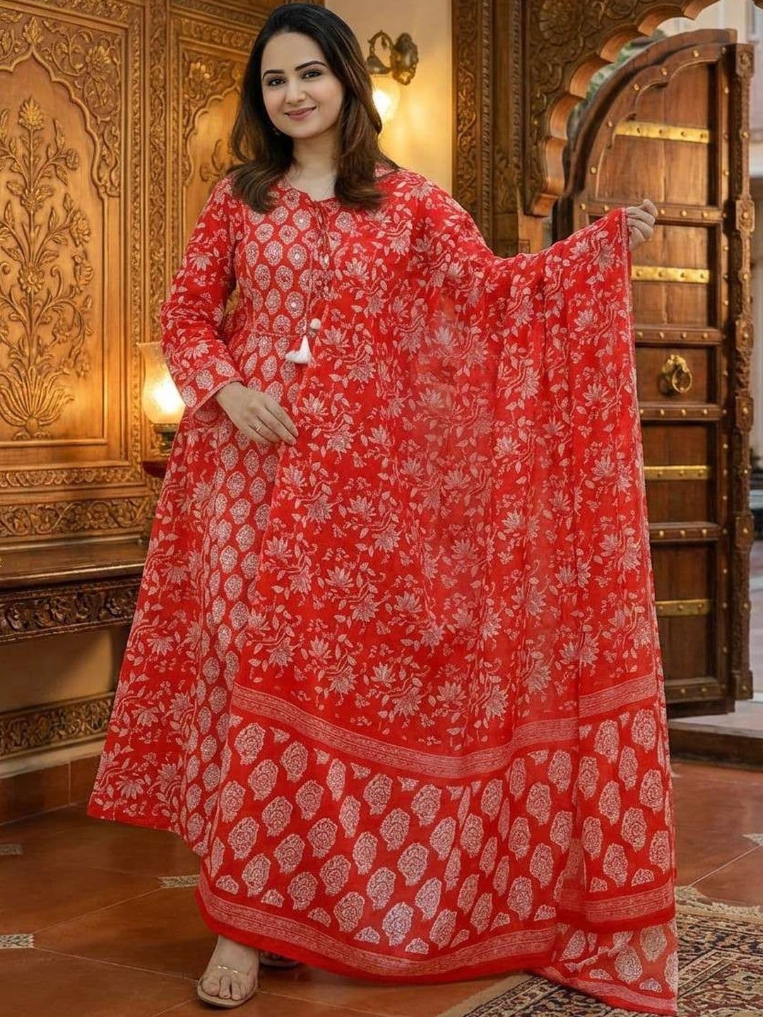 BABA KURTI Women Floral Printed Empire Kurta with Trousers & With Dupatta - view 1