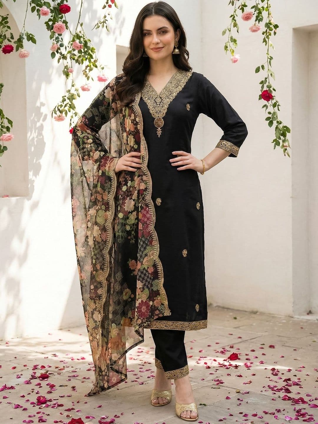 Indo Era Women Floral Embroidered Regular Thread Work Kurta with Trousers & With Dupatta - view 1