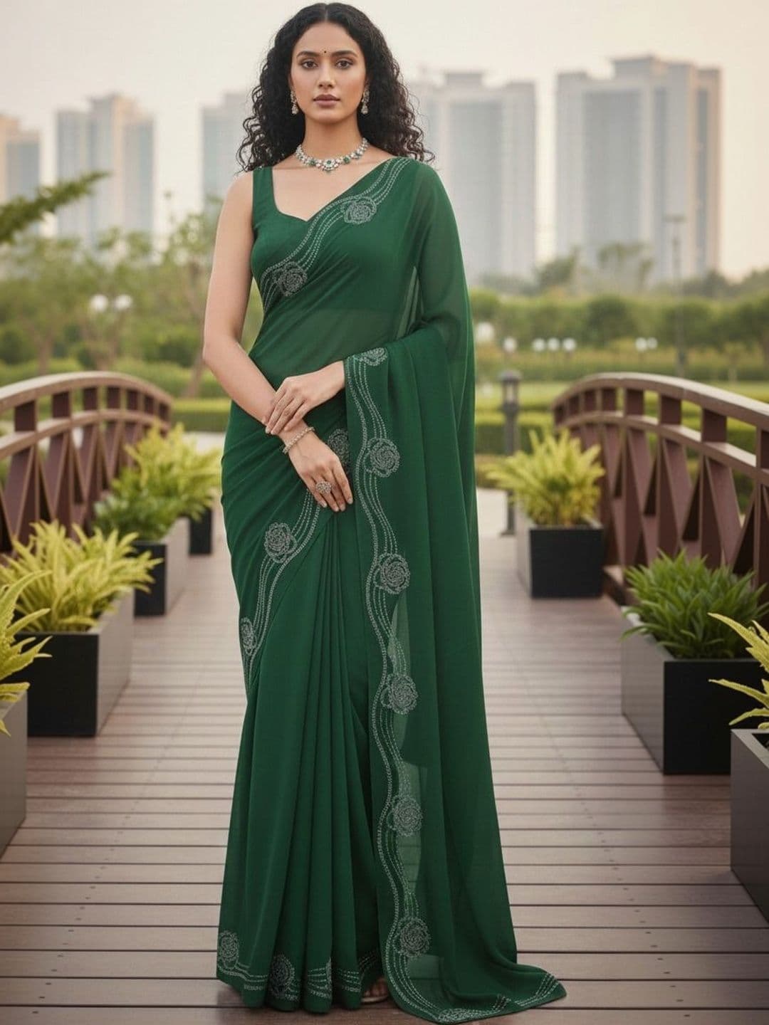 HERE&NOW Embellished Embroidered Pure Georgette Designer Saree - view 1