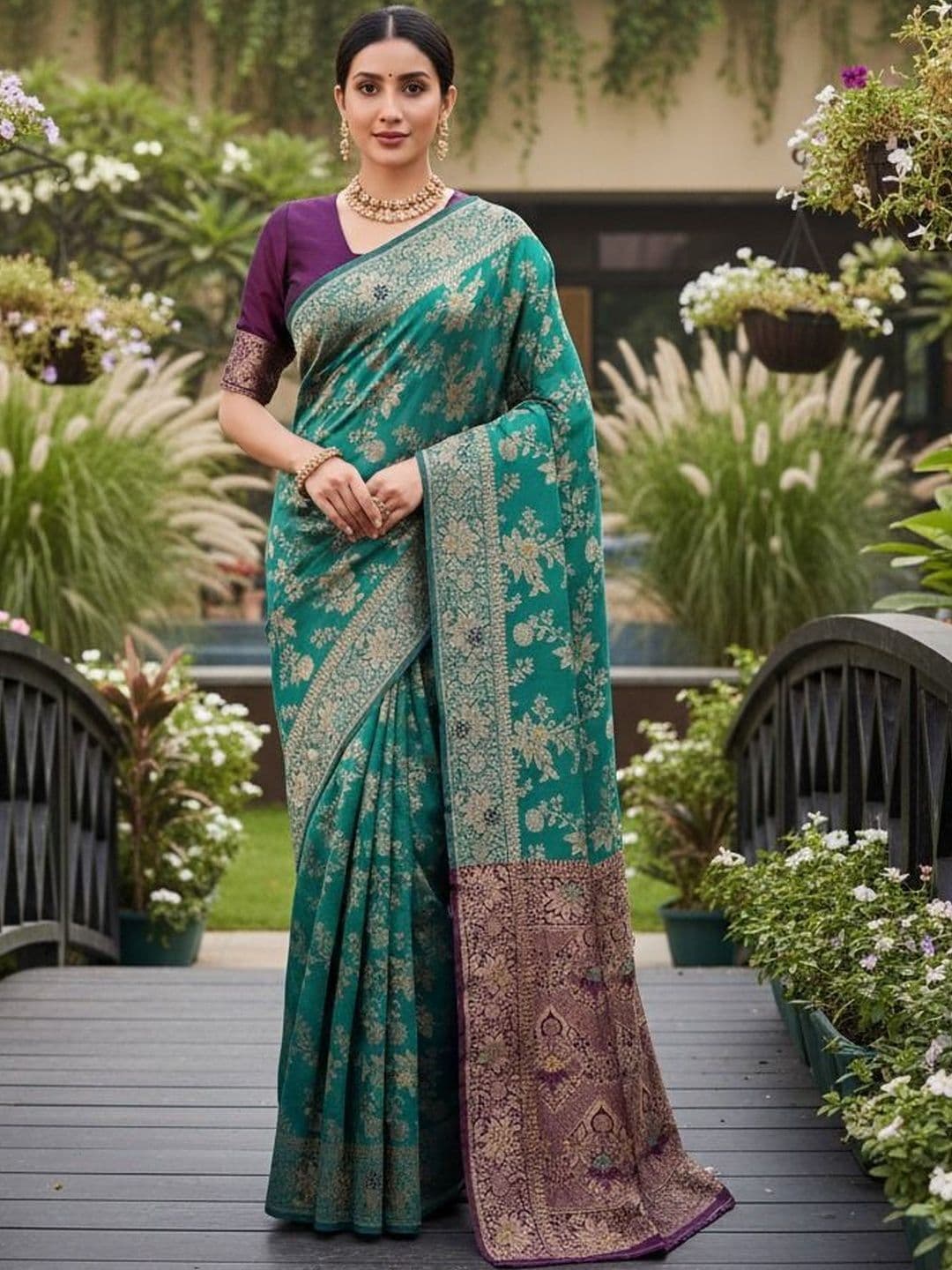 HERE&NOW Ethnic Motifs Zari Art Silk Heavy Work Kanjeevaram Saree - view 1