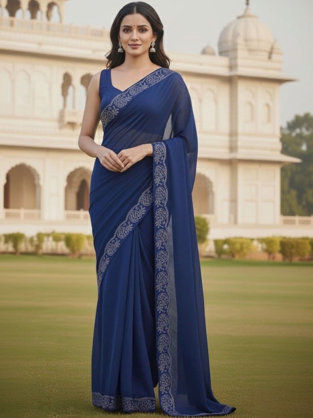 HERE&NOW Ethnic Motifs Embroidered Pure Georgette Designer Saree - view 1