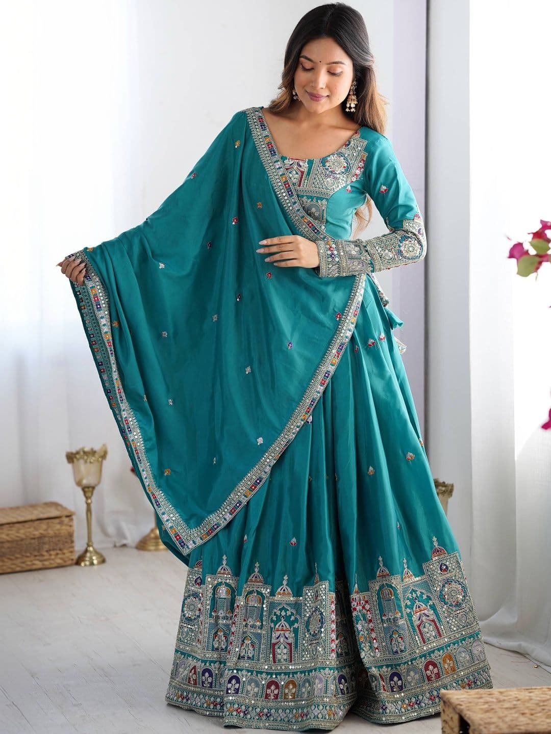 House of Pataudi Embroidered U-Neck Flared Lehenga Choli - view 1