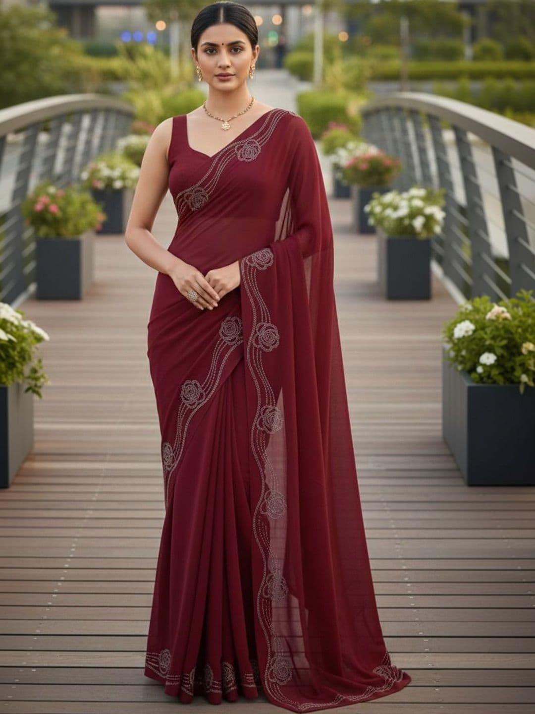 HERE&NOW Floral Embroidered Pure Georgette Designer Saree - view 1