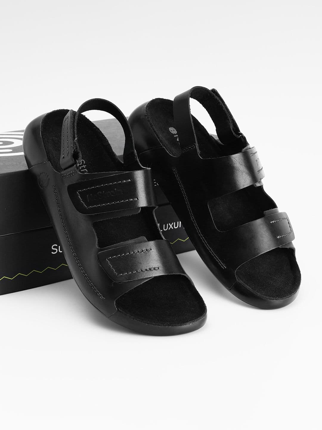 NoStrain Back Strap Leather Sandals in Jet Black color for men. - view 1