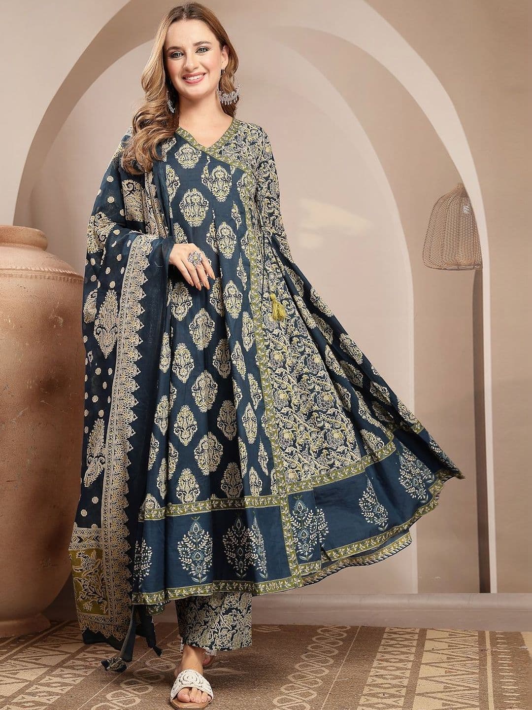 NISHABD Women Ethnic Motifs Printed Angrakha Kurta with Palazzos & With Dupatta - view 1