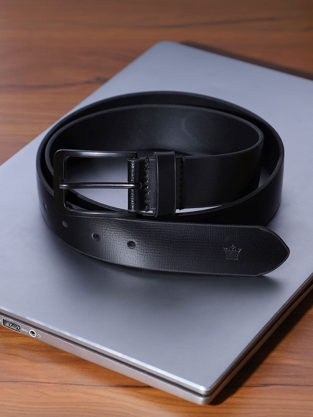 Louis Philippe Men Italian Leather Matt Black Zinc Alloy Buckle Formal Profile Belt