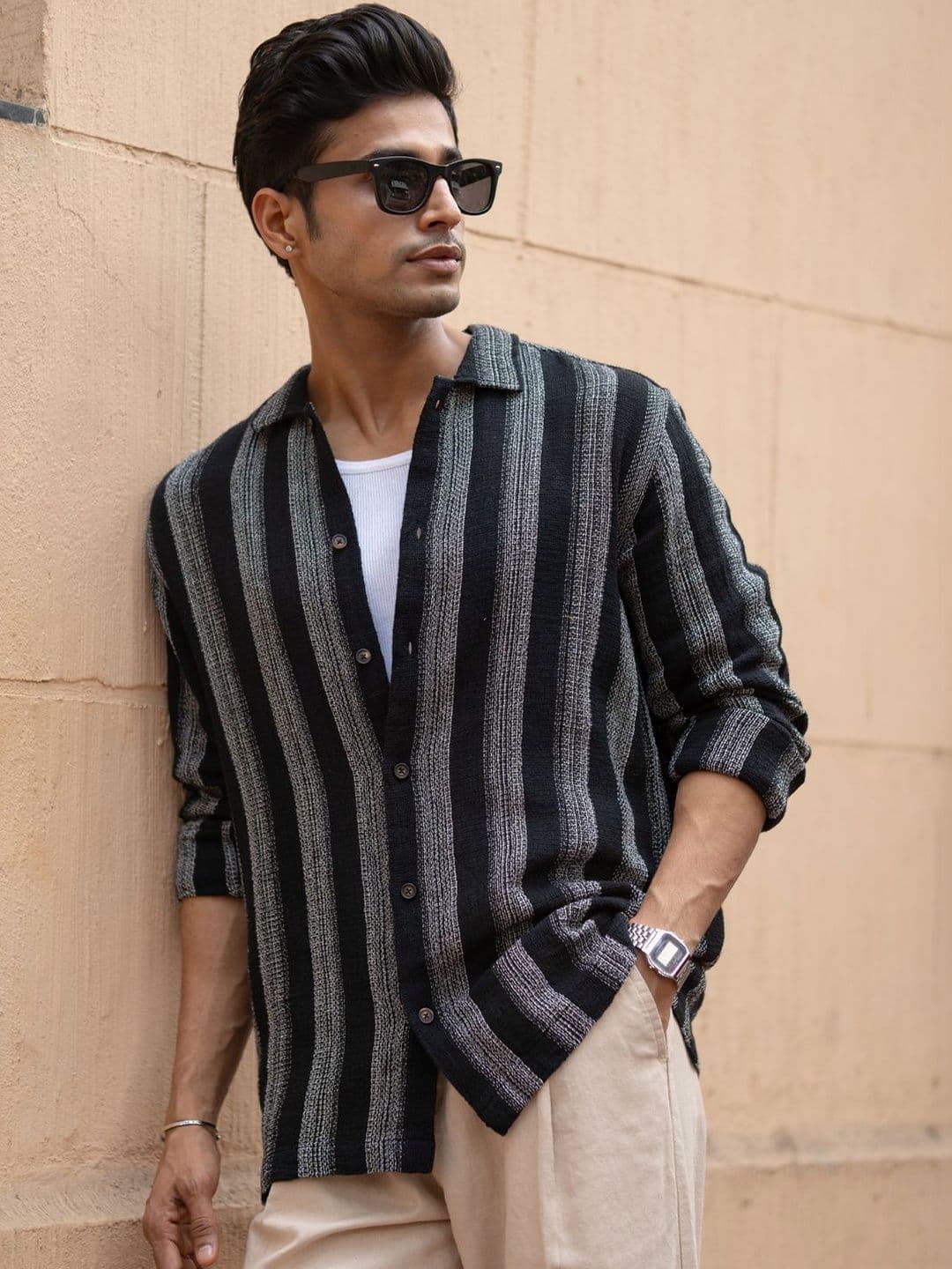 Powerlook Structured Stripe Geometric Cotton Long Sleeves Shirt - view 1