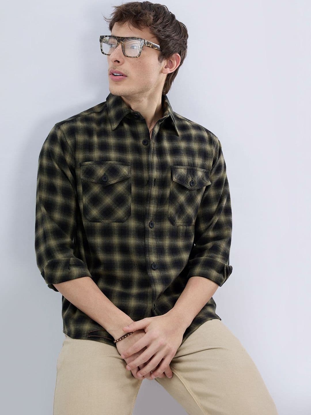 VASTRADO Deep Olive Soft Rustic Checks Double Pocket Shirt - view 1