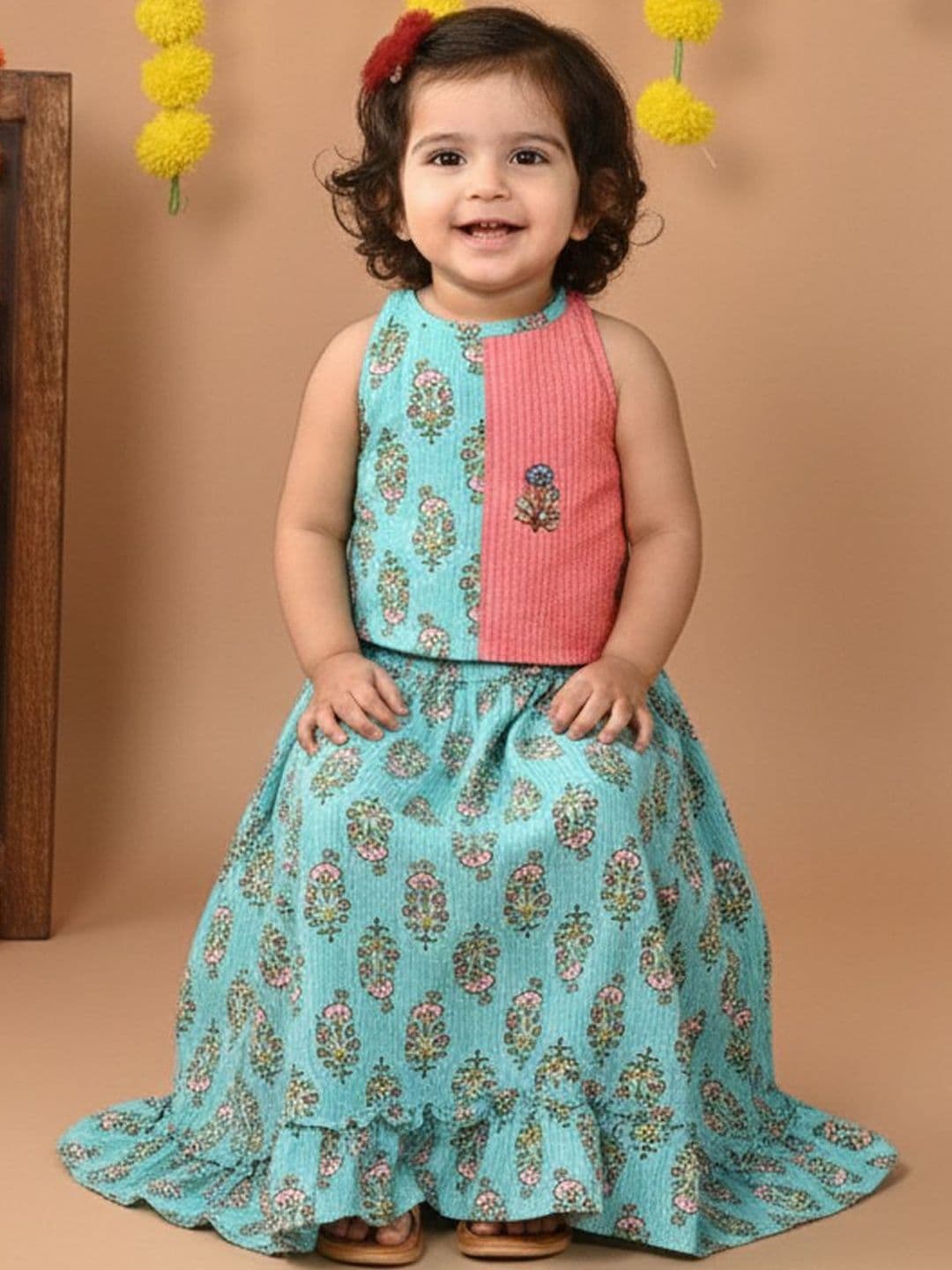 Sangria Girls Printed with Embroidered Cotton Flared Lehenga Choli - view 1