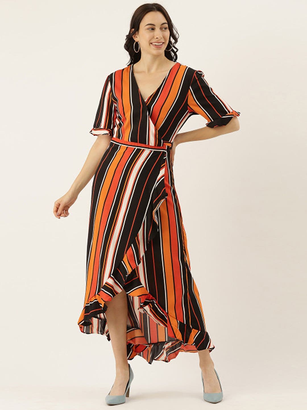 PINACOLADA Women Black & Mustard Yellow Striped Wrap Dress - view 1
