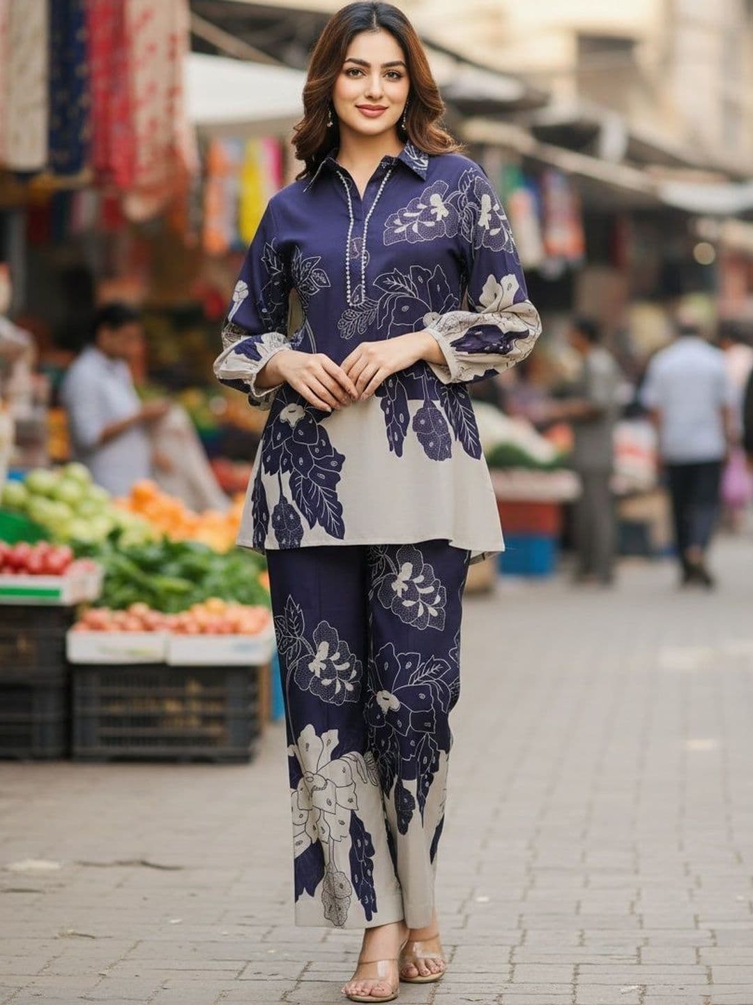 SZN Navy Blue Floral Printed Tunic with Palazzos - view 1