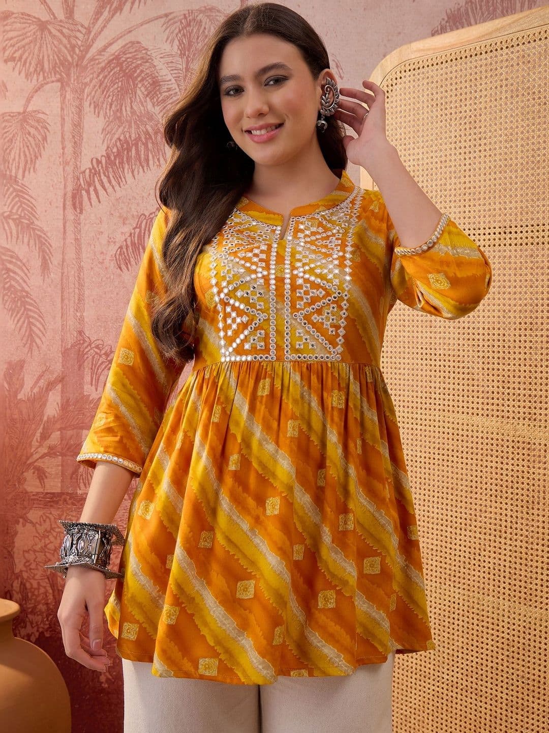 Sangria Leheriya Printed & Embroidered Waistline Kurti - view 1