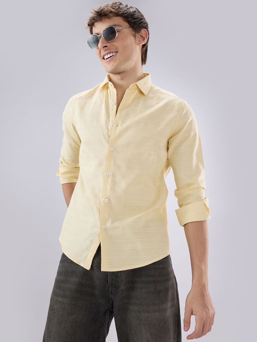 VASTRADO Soft Yellow Grid Textured Everyday Shirt - view 1