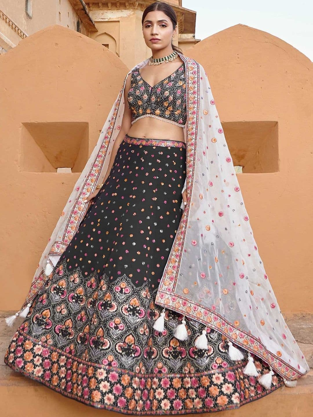 ETHNIC PLUS Sequinned Embroidered Lehenga Choli With Dupatta - view 1