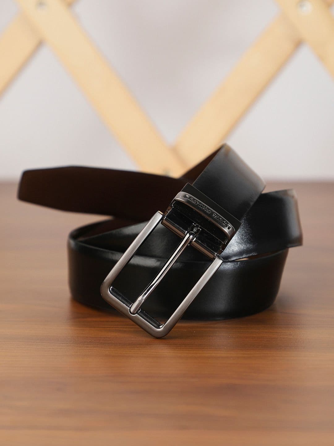 Louis Philippe Men Italian Leather Brush Gun Metal Buckle Formal Reversible Belt