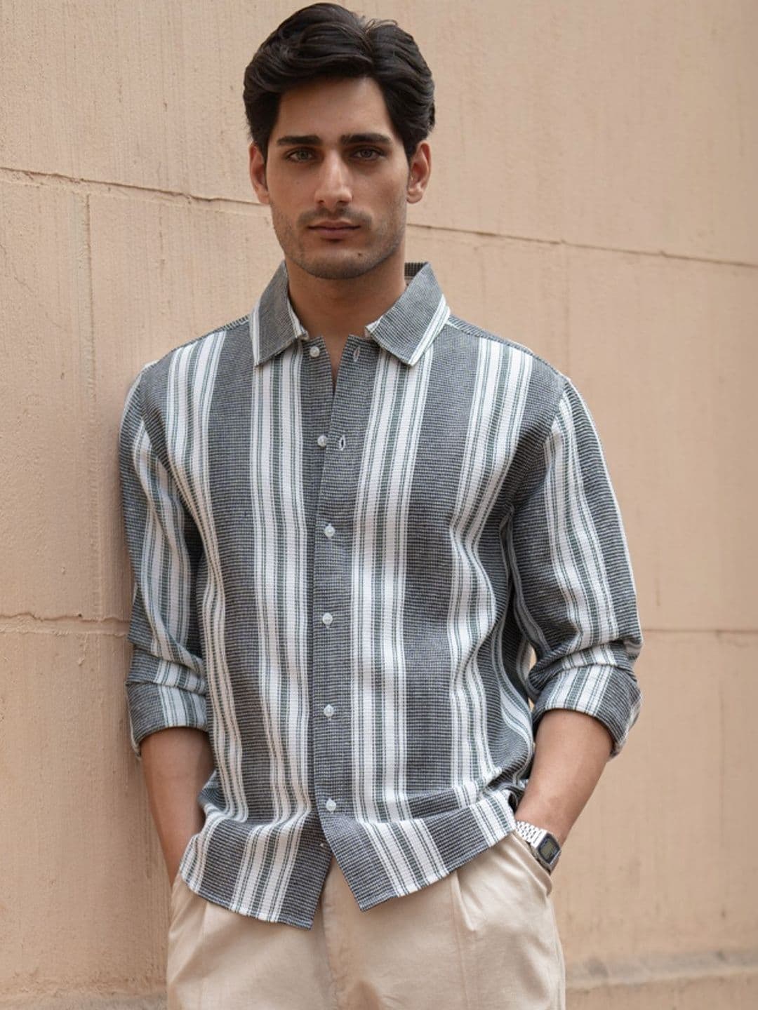 Powerlook Structured Stripes Cotton Long Sleeves Shirt - view 1