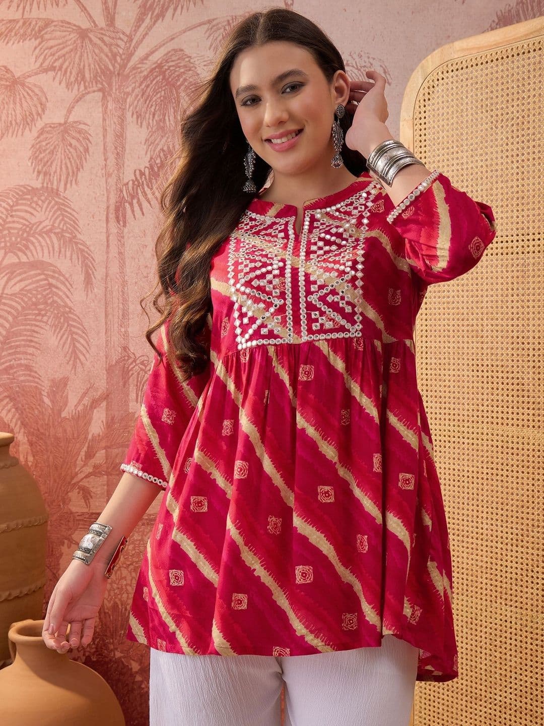 Sangria Leheriya Printed & Embroidered Waistline Kurti - view 1