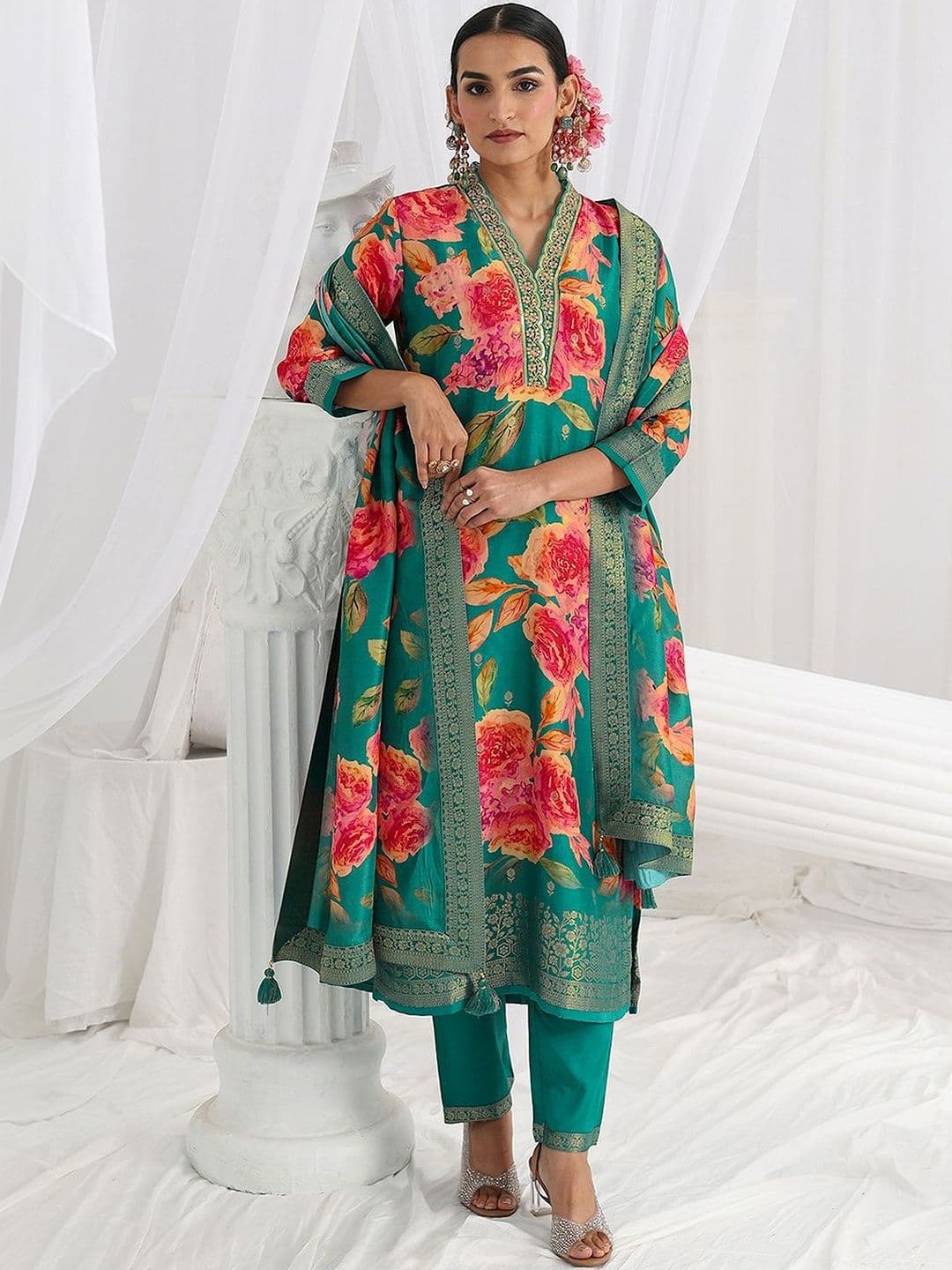 Libas Women Floral Printed Regular Thread Work Kurta with Trousers & With Dupatta - view 1
