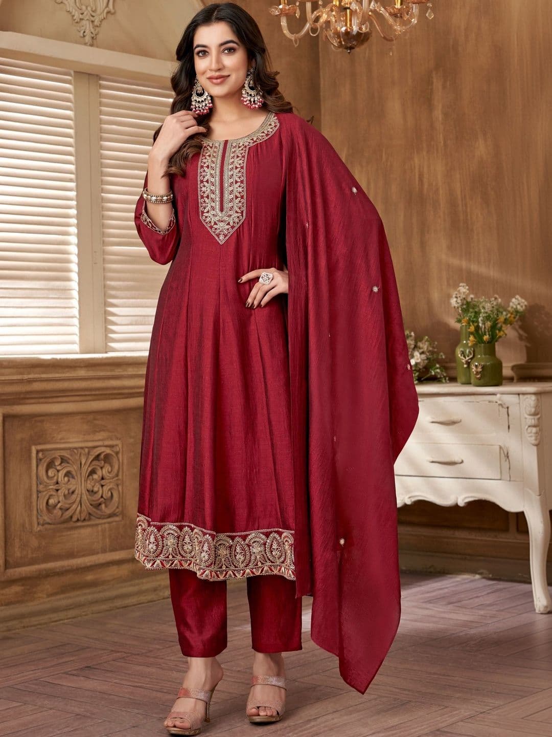 Sangria Embroidered Round-Neck Kurta Trousers & Dupatta - view 1